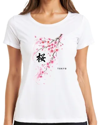 Immagine prodotto di T-shirt da donna, bianco, taglia L, con motivo floreale giapponese "Sakura" (ciliegio in fiore), stile Y2K, prodotto in Giappone