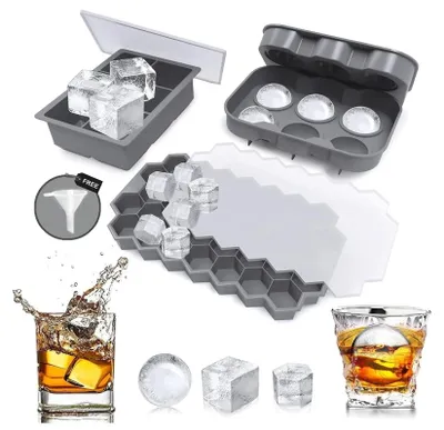 Produktbild von Eiswürfelformen, 3er-Pack, BPA-frei, aus Silikat, mit Deckel, in Kugel-, Würfel- und Sechseckform, flexibel, wiederverwendbar, für Schneebesen, Getränke, DIY, spülmaschinenfest, schwarz