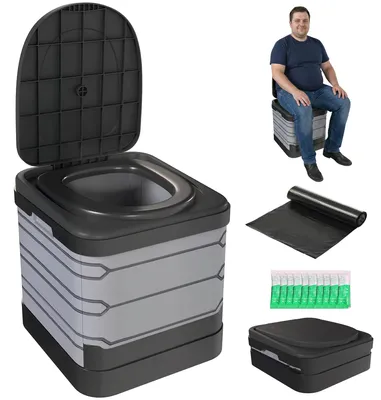 Produktbild von Campingtoilette Faltbare Reisetoilette bis 150 kg mit 12 Gerinnungspulver-Päckchen 12 Entsorgungsbeuteln 42 x 46 x 43,5 cm Grau