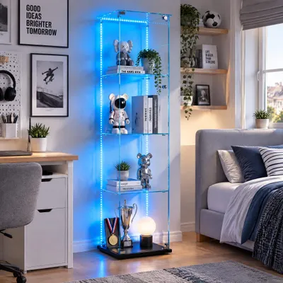 Obrázek produktu pro Skleněná vitrína INONEFT s LED osvětlením, moderní skříň s 4 policemi do obývacího pokoje, ložnice nebo kanceláře, vhodná pro vystavení předmětů, rozměry 163×39,8×35 cm, barva černá