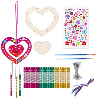 Produktbild von Windspiel Bastelset 9 Stück Herz Holz DIY für Garten Deko & Gastgeschenke