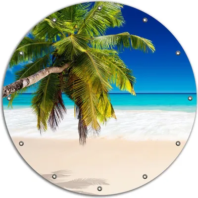 Produktbild von Wallario rundes Outdoor-Poster für Garten oder Balkon, Motiv Südseestrand in der Karibik mit Palme, 90 cm Durchmesser