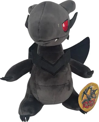 A plush toy of the Red-Eyes Black Dragon from Yu-Gi-Oh! is shown sitting against a white background.