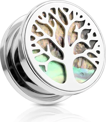 Produktbild von Flesh Tunnel Ohr Piercing Ohrstecker Lebensbaum Perlmutt Inlay Tree of Life Edelstahl Schraubverschluss  8 mm