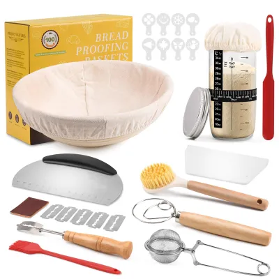 Productafbeelding van Ronde gistmand-set voor zuurdesem, 23 cm, 11-delige accessoire set voor het bakken van brood, ideaal voor bakliefhebbers
