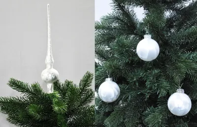 Produktbild von Thüringer Glas Eislack Christbaumspitze + 12x Christbaumkugeln 6cm Spitze Kugel Weiß Eislack