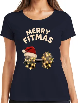 Produktbild von Merry Fitmas Fitness Hantel Weihnachten Geschenk Lustig Damen T-Shirt, Navy, L
