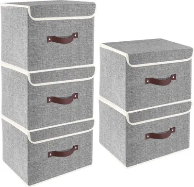Produktbild von 5 Stück faltbare Aufbewahrungsboxen mit Deckel, Aufbewahrungsboxen mit Deckel, Boxen für Kleidung, Aufbewahrungsboxen für Spielzeug, Regal, grau
