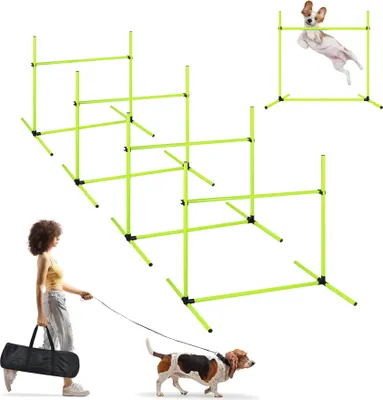 Image de YARDIN Set d'Agility pour chiens, Set de 4 barres de slalom pour animaux domestiques, Set de dressage pour chiens en PVC avec sac de transport, Hauteur réglable 104x70x101cm, Vert