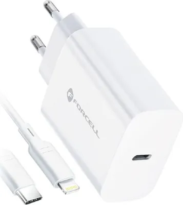 A white USB-C power adapter with a white USB-C to Lightning cable.