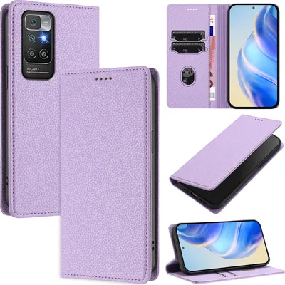 Immagine prodotto di Custodia in pelle per Xiaomi Redmi 10, pelle Litschi, custodia portafoglio con slot per carte e supporto Viola
