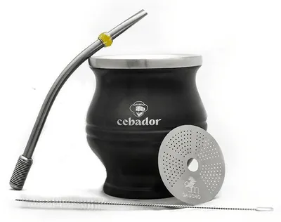 Produktbild von Cebador - Yerba Mate Becher Set TermoColador Schwarz 190ml - Doppelwandig Mit Bombilla 16cm - Doppeltes Filtersystem - Isolierender Thermobecher