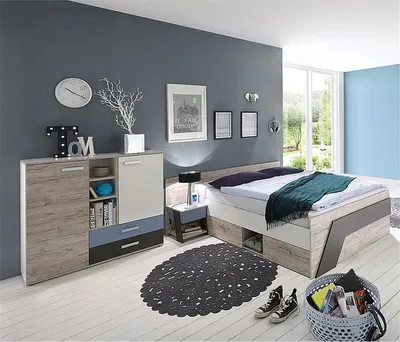 Produktbild von Jugendzimmer Set mit Bett 140x200 cm und Kommode 3-teilig LEEDS-10 in Sandeiche Nb. mit weiß, Lava und Denim Blau