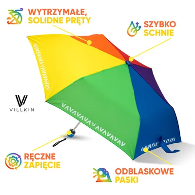 Zdjęcie produktu dla Villkin dziecięcy parasol tęczowy z paskami odblaskowymi – odporny na wiatr, z ręcznym otwieraniem, solidny i wysokiej jakości - 97 cm