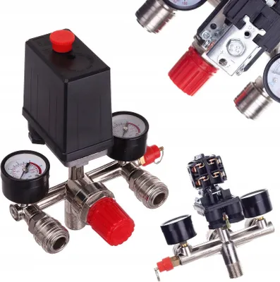 A close-up studio shot of air compressor pressure switches and regulators.