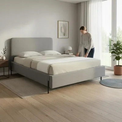 Immagine prodotto di Letto grigio 160 x 200, struttura in legno, rivestimento in tessuto. Letti moderni