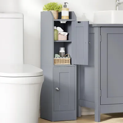 Produktbild von VASAGLE Schmaler Hochschrank, Badschrank, mit verstellbaren Ablagen, Badezimmerschrank für Bad, Landhausstil, grau