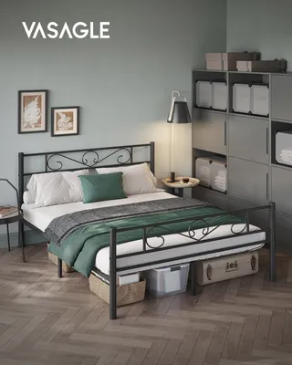 A bedroom scene with a bed, storage units, and decorative items.