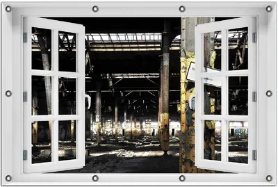Produktbild von Wallario Outdoor-Poster für Garten oder Balkon 80 x 120 cm: Verlassene alte Fabrik-Halle mit leuchtenden Sonnenstrahlen