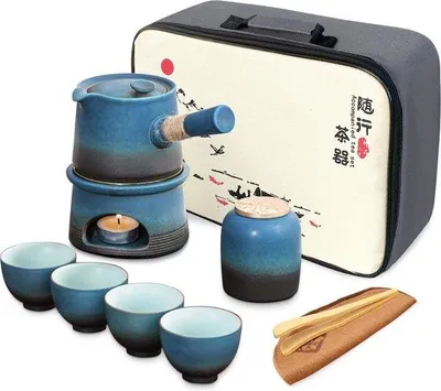 Produktbild von Famanu Teeservice Traditionell - Blaues Kungfu Teeset mit 4 Keramiktassen