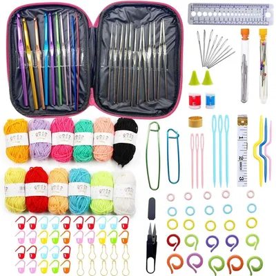 Image de Kit pour débutants en crochet, comprenant 122 pièces avec laine et accessoires. Kit de tricot avec aiguilles et étui