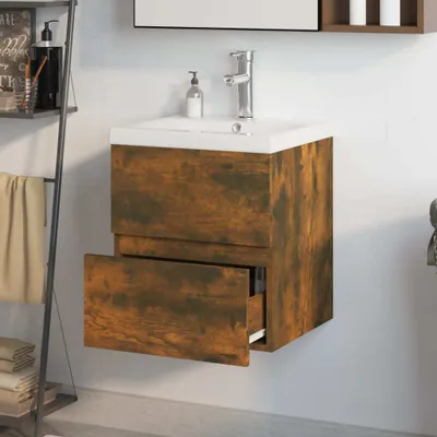 Imagen del producto de El mueble para lavabo "The Living Store" con lavabo integrado, fabricado en material de madera con acabado en roble ahumado