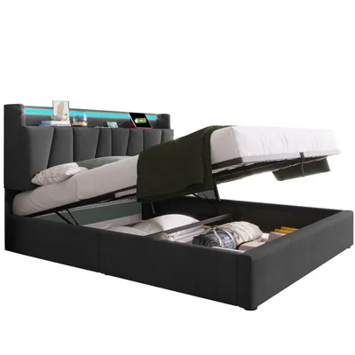 Produktbild von Polsterbett(140x200cm)Doppelbett mit aufladen USB Ladefunktion Stauraum-Kopfteil und LED-Beleuchtung,Hausbett,Stauraumbetten,Lattenrost aus Holz