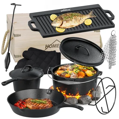 Produktbild von HOMELUX 10-teiliges Dutch Oven Set in Holzkiste, Kochtopf, Pfanne, Saucentopf, Wende-Grillplatte, Handschuhe, Stapelrost, Ringreiniger, Deckelheber