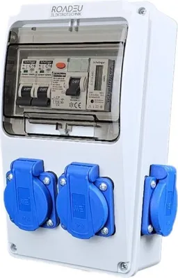 Produktbild von RoadEu Stromverteiler 230V mit Zähler, 4x Schuko, Steckdosenverteiler mit Fi Schutzschalter 40A typ A/AC, 2x Leistungsschalter C16A. Baustromverteiler