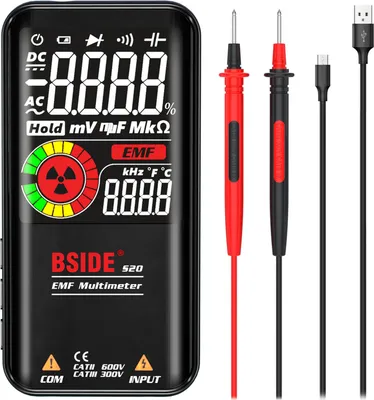Obrázek produktu pro BSIDE S20 Inteligentní multimetr EMF Detektor elektromagnetického záření 3,5palcový barevný displej 9999 počtů Automatický rozsah Dobíjecí univerzální měřič Monitor záření AC/DC Voltmetr Ohmmetr Test odporu Kapacita Frekvence Dioda Spojitost Detekce Firewire s baterkou Data Hold