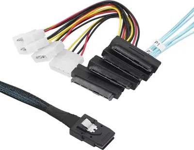 Produktbild von P47C Mini SAS Kabel SFF-8087 auf 4x SFF-8482 (29-Pin) mit Molex 4-Pin Strom – SAS/SATA Datenkabel für HDD