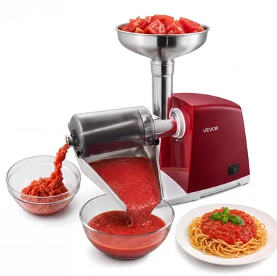 Image de VEVOR Presse Tomate Électrique 800 W Max., 40 kg/h, 4 Cônes Filtres, Rouge, Épépineuse pour Confiture de Fruits, Purées, Salsa, Conserve Maison, Récoltes, Tamis en Inox, Machine à Coulis Efficace