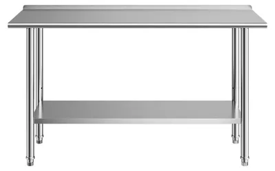 Image de Table de travail SucceBuy pour la restauration 1524 x 610 x 894 mm, table en acier inoxydable à 2 niveaux, avec rebord et étagères réglables en hauteur – Étagère supérieure (254 kg), étagère inférieure (209 kg), Table de préparation pour la restauration