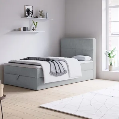 Produktbild von Bett, Boxspringbett NOLA MINI mit Bettkästen, Einzellbett, Stauraum, Schlafzimmer, Polsterbett, (90x200, Hellgrau- Aura 015, Topper Visco )