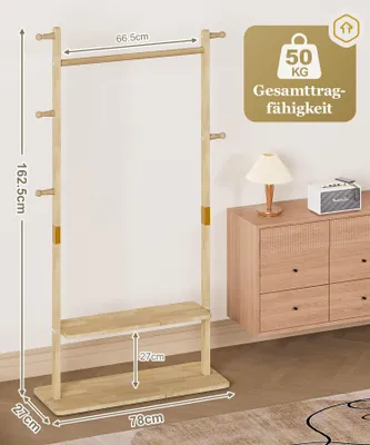 Productafbeelding van Houten kapstok, 2 planken, 5 haken, 1 kledingstang, voor slaapkamer