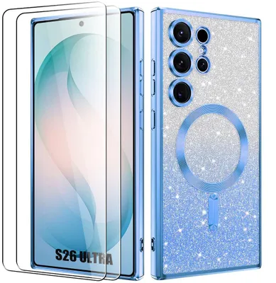 Image de Coque + 2 Verres Trempés pour Samsung Galaxy S26 Ultra, Silicone avec Cercle Magnétique - Bleu Scintillant