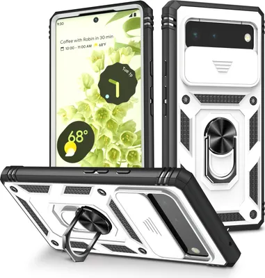 Image de Étui pour Google Pixel 6 protection coulissante de l'appareil photo, résistant aux chocs, avec porte-anneau, support et porte-cartes Blanc