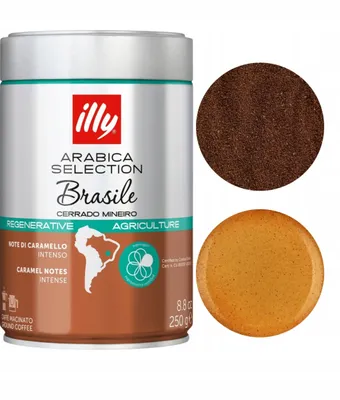 A collage showing a can of Illy coffee and two circular samples of coffee grounds and a coffee puck.