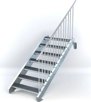 Produktbild von Stahltreppe 7 Stufen bis Höhe 140 cm, Laufbreite : 90 cm Geländer rechts ST 2 (31 / 31 mm gezackt)