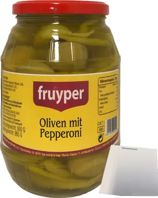 Produktbild von Fruyper grüne Oliven mit Stein und Pepperoni (500g Glas ATG) + usy Block