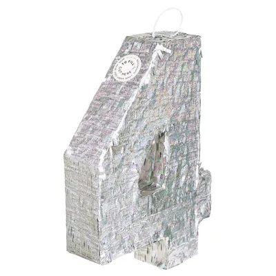 Produktbild von Silberne Hologramm-Pinata Zahl 4 – 40x28x8cm Party-Deko -