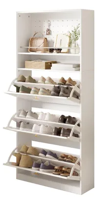 Produktbild von AIORBER Schuhkipper Schmaler Schuhschrank 80x24x178,5 cm mit 3 Klappfächern Lochwand Offener Ablage Goldene Kleeblatt Griffe Garderobenschrank, Weiß