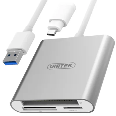 Produktbild von UNITEK Y-9313D, CF, MicroSD (TransFlash), MicroSDHC, MicroSDXC, SD, SDHC, SDXC, Silber, 5000 Mbit/s, Aluminium, USB 3.2 Gen 1 (3.1 Gen 1) Type-A, 0,3 m