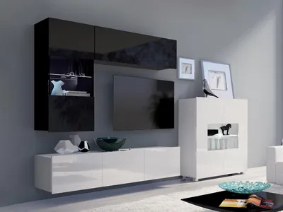 Produktbild von Wohnzimmer-Set CALABRINI-3 Wohnwand Hängewohnwand Schrankwand mit LED-Beleuchtung TV-Schrank Vitrine Kommode Anbauwand Hochglanz (Schwarz / Weiß)