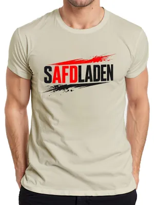 Immagine prodotto di T-shirt da uomo con scritta satirica che critica le politiche dell'AfD, divertente e sarcastica, disponibile nei colori: naturale