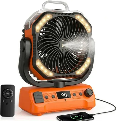 Produktbild von 20000mAh Camping Ventilator Akku mit Licht, 0-100 Stufen Regelbar Outdoor Ventilator mit Sprühfunktion & Fernbedienung, mit Timer 360° Haken für Zelt