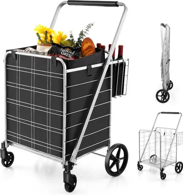 Produktbild von COSTWAY Einkaufstrolley Klappbar, Einkaufswagen auf Rollen mit Abnehmbarer Oxford-Tasche & 2 Körben, Rollwagen Handwagen 150kg belastbar (Silber)