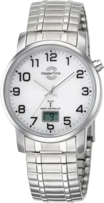 A close-up studio shot of a men's wristwatch with a silver metal band and a white face.