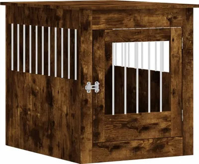 A wooden dog crate with a door and windows, shown from a three-quarter angle.