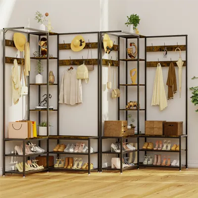 A corner entryway organizer with shelves and hooks, displaying various items like hats, bags, clothes, and shoes.